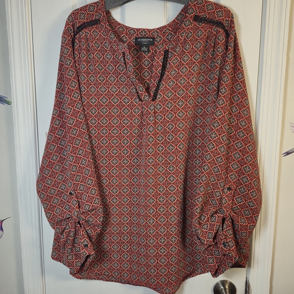 Liz Claiborne Tops - Liz Claiborne 3X Coral Black Geometric Tunic Top Roll Tab Sleeve Boho